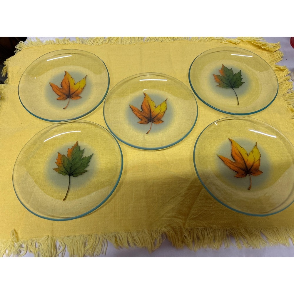 Fall Leaves Luncheon Plates Clear Glass with‎ Applique Leaves 5 Plates
